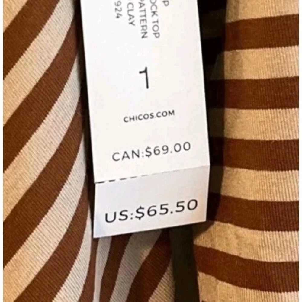 Chico's Bronzed Clay Asymmetrical Long Sleeve Striped Mock Top SZ 1 US 8/10